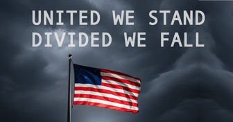 American flag waving against a stormy sky; text reads United We Stand Divided We Fall, reflecting on remembrance and unity
