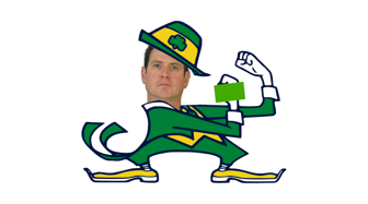 A person’s face superimposed onto the Notre Dame Fighting Irish leprechaun mascot, likely referencing political corruption...
