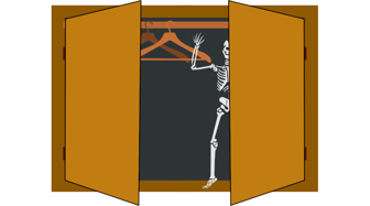 Skeleton reaching for a suit on a hanger behind open doors, symbolizing corruption and loss of power in Fairhope politics