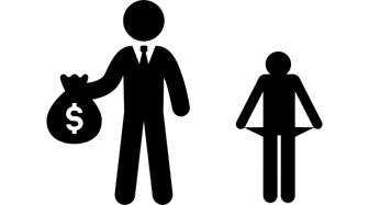 Politician figure holds a bag of money while another stands empty-handed, illustrating corruption and financial misconduct...