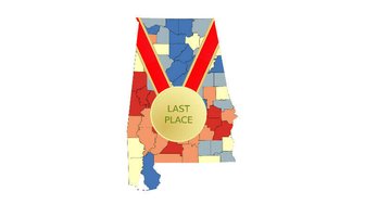 Map of Alabama marked as “Last Place” in education rankings, overlaid with a red ribbon