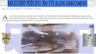 Podcast cover art: Alien Indictment, featuring a vintage photo resembling recovered aerial vehicles & government insignia