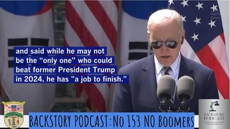 Political figure speaks at a podium with American flags behind him, referencing a podcast about older politicians