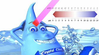 Cartoon water drop mascot promoting Crystal Clear, alongside a pH scale graphic, illustrating Baldwin County’s emerging se...