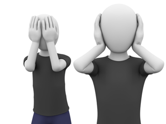 Two figures cover their eyes and ears, symbolizing a refusal to listen regarding freedom of the press and public meetings