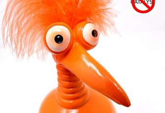 Orange puppet bird with crossed-out Catalyst label, symbolizing the political group described in this article