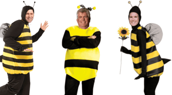 Three men in bee costumes, likely referencing council members Burrell, Boone, and Brown mentioned in the article
