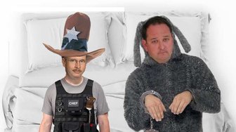 Satirical depiction of a police chief in uniform and another figure in handcuffs, referencing Fairhope’s recent events and...