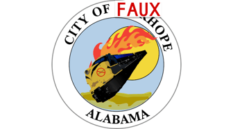 Logo for Faux Hope, Alabama: a stylized boat on fire beneath the city name, related to Fairhope City Council discussion
