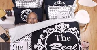 Custom pillows reading The Real, The Boss, and featuring a man’s face, illustrating claims of labeling individuals as ...