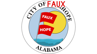Flag of Fairhope, Alabama (Faux Hope), featuring red flags labeled FAUX and HOPE, referencing financial concerns in ...
