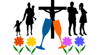 Silhouettes of families and glasses of wine amidst flowers; illustration representing Fairhope’s wealth gap explored in “A...