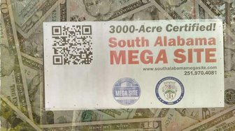 South Alabama Mega Site advertisement placed on US currency, questioning its “shovel ready” status and value