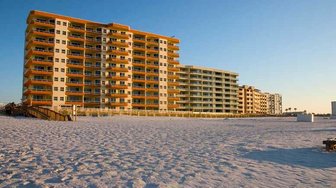 Condo buildings line a beach in Orange Beach/Gulf Shores, illustrating rapid development discussed in the article