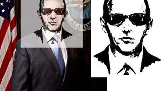 Composite portrait featuring men in suits and sunglasses, alongside an American flag, related to Alabama news coverage