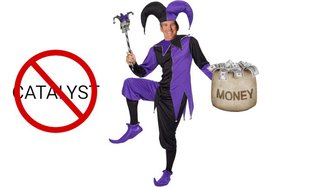 Jester in purple costume holding money and staff, circled by a no catalyst symbol; represents unproductive Fairhope city...