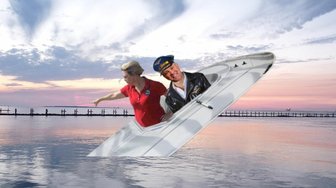 Satirical depiction of officials seemingly floating over water, referencing Fairhope’s unresolved environmental issues and...