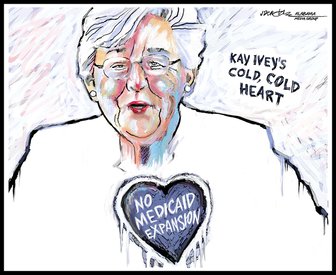 Political cartoon depicting Kay Ivey wearing a shirt reading No Medicaid Expansion, symbolizing opposition to healthcare...