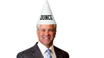 Fairhope Council President Burrell depicted wearing a dunce cap, referencing criticism over K-1 Center deal decisions