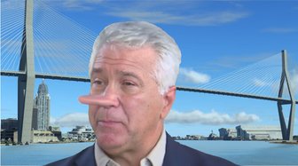 Political figure superimposed against a Mobile bridge backdrop, symbolizing broken promises regarding toll-free infrastruc...