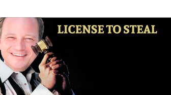 Alabama Attorney General depicted with a gavel and text License to Steal, referencing claims of pursuing corruption