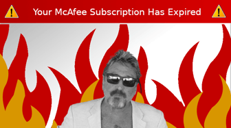 John McAfee portrait surrounded by flames, referencing a mock subscription expiry message, illustrating his controversial ...