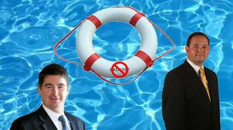 Two men in suits stand before a pool backdrop; a life ring labeled Catalyst floats above them, referencing concerns abou...