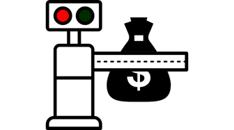 Money bag blocked by a toll booth, symbolizing Alabama potentially losing federal funding for infrastructure projects