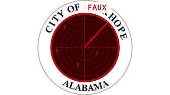 Fairhope, Alabama city seal featuring radar design with question marks, referencing legal challenges over public speech ac...