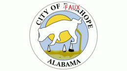 Fairhope, Alabama city seal featuring a pelican, sun, water drops, and a reference to alleged corruption within its council