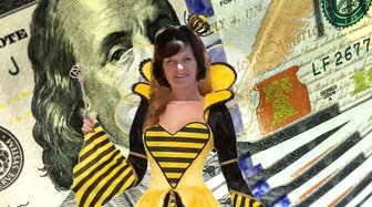 Fairhope Mayor Sullivan dressed as a bee surrounded by money, referencing the article’s metaphor about rewards and politic...
