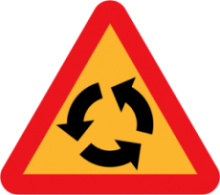 Roundabout traffic sign: Yellow triangle with black circular arrows indicating a modern intersection improving safety and ...