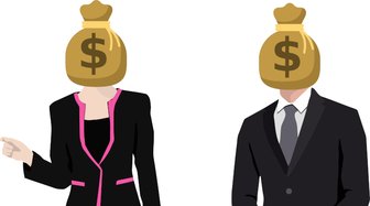 Two figures in suits wear bags of money as heads, illustrating tax revenue flow into Baldwin County Schools board coffers