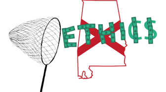 Illustration depicts Alabama state shape with Ethics$ overlaid, crossed out by a net, symbolizing corruption within the ...