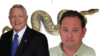 Political figures Eddie Tyler and Jonathan Gray depicted alongside a snake, referencing alleged questionable dealings in B...