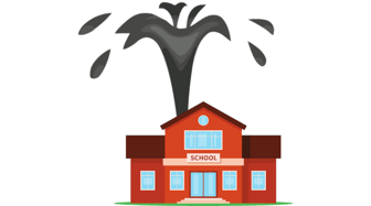 Illustration depicting a school building under an oil derrick, symbolizing hidden resources and potential ethical concerns...