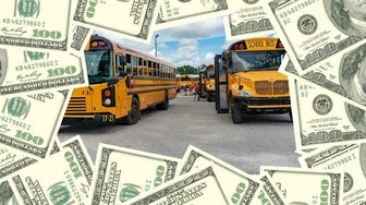 I-10 bridge project: School buses framed by stacks of $100 bills, illustrating rising costs for Baldwin County residents