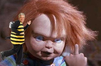 Chucky doll composite featuring a Fairhope Mayor likeness, referencing an article about lawsuits and council decisions