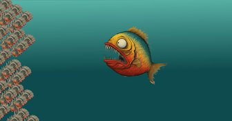 A large fish swims before a school of smaller figures, symbolizing taxpayers being exploited by those in power