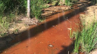 Discolored water flows through a channel, illustrating concerns about sewer spills and sewage dumping into Mobile Bay