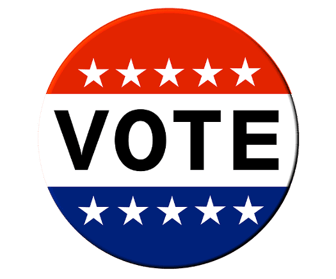 Political campaign button with red, white, and blue design and VOTE prominently displayed, related to upcoming midterms