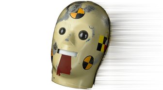 Crash test dummy head with painted markings, symbolizing legal scrutiny and a status review hearing in Ripp Report case