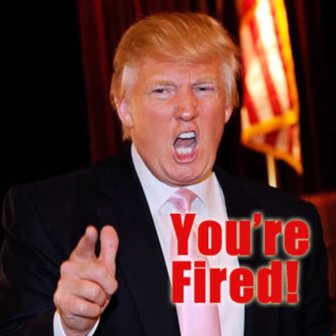 Donald Trump pointing while yelling Youre Fired! referencing potential ethics investigations